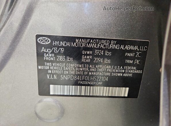 5NPD84LF0LH522104 2020 HYUNDAI ELANTRA Gray Շարժիչի բաժամունքի տեսք