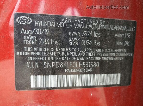 5NPD84LF0LH531580 2020 HYUNDAI ELANTRA Red Вид наклейки з VIN-кодом