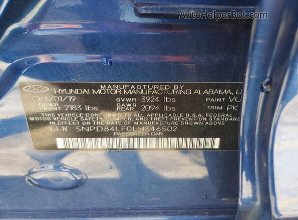 5NPD84LF0LH546502 2020 HYUNDAI ELANTRA Blue Engine compartment view