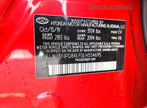 5NPD84LF0LH554695 2020 HYUNDAI ELANTRA Red Вид наклейки з VIN-кодом