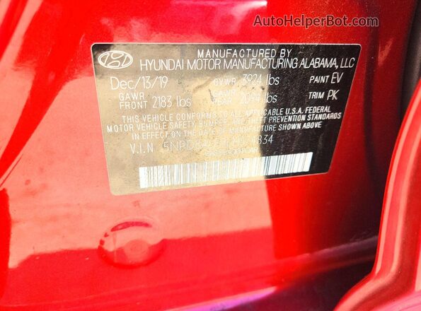 5NPD84LF0LH574834 2020 HYUNDAI ELANTRA Red Vista del compartimento del motor