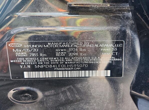 5NPD84LF0LH595070 2020 HYUNDAI ELANTRA Black Widok naklejki z numerem VIN