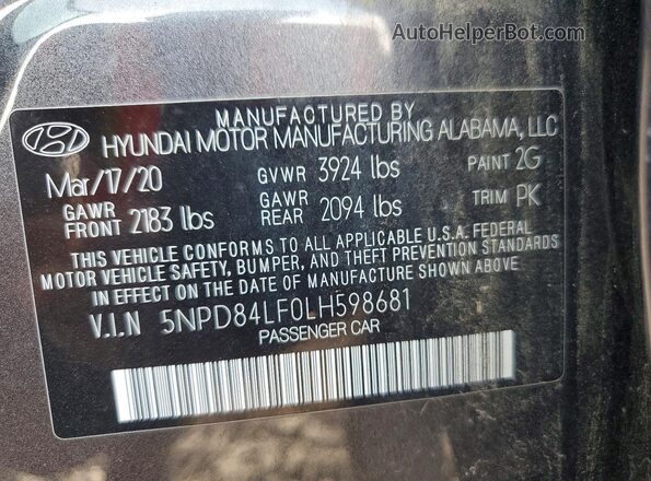 5NPD84LF0LH598681 2020 HYUNDAI ELANTRA Gray Vista del compartimento del motor