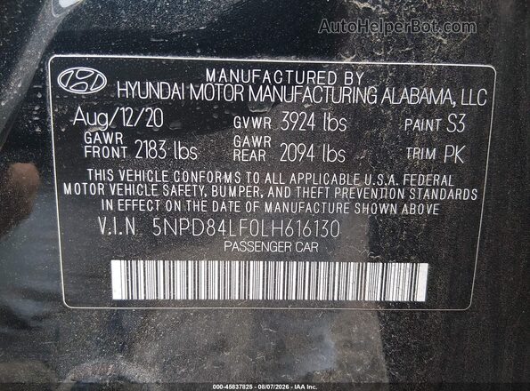5NPD84LF0LH616130 2020 HYUNDAI ELANTRA Black Շարժիչի բաժամունքի տեսք