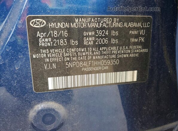 5NPD84LF1HH059350 2017 HYUNDAI ELANTRA Blue Vista del compartimento del motor