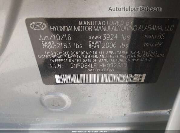 5NPD84LF1HH092350 2017 HYUNDAI ELANTRA Gray Вид підкапотного простору