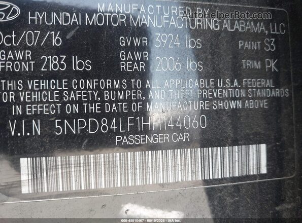 5NPD84LF1HH144060 2017 HYUNDAI ELANTRA Black Շարժիչի բաժամունքի տեսք