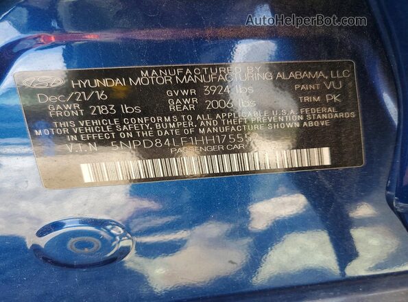 5NPD84LF1HH175552 2017 HYUNDAI ELANTRA Blue Engine compartment view