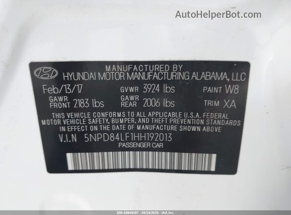 5NPD84LF1HH192013 2017 HYUNDAI ELANTRA White ძრავის განყოფილების ხედი