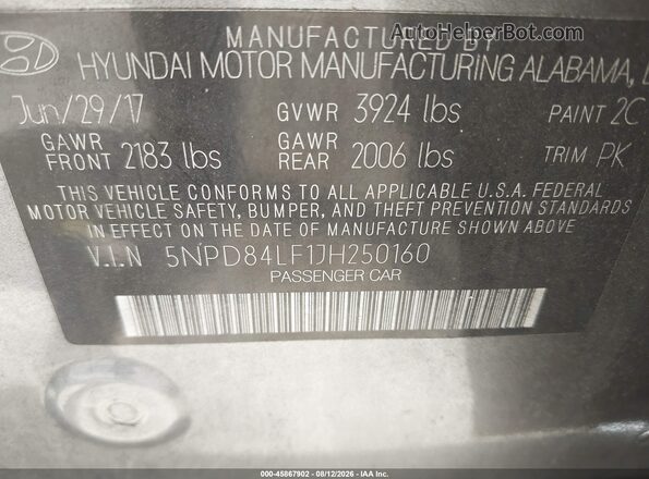 5NPD84LF1JH250160 2018 HYUNDAI ELANTRA Gray Engine compartment view