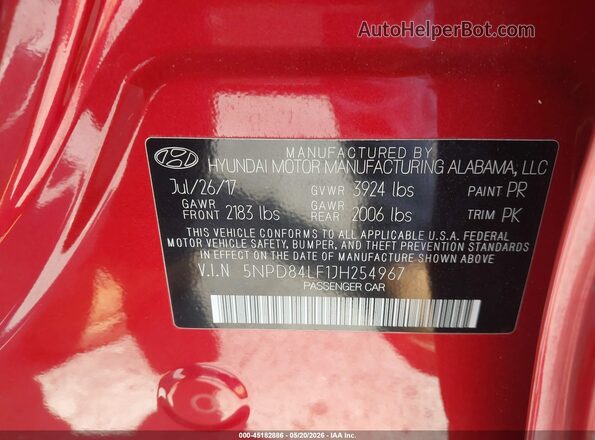 5NPD84LF1JH254967 2018 HYUNDAI ELANTRA Red Շարժիչի բաժամունքի տեսք