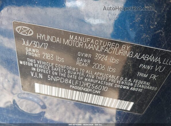 5NPD84LF1JH256010 2018 HYUNDAI ELANTRA Blue Շարժիչի բաժամունքի տեսք