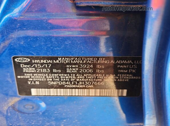 5NPD84LF1JH307666 2018 HYUNDAI ELANTRA Blue VIN კოდის სტიკერის ხედი