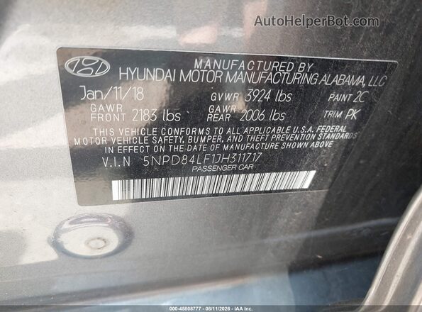 5NPD84LF1JH311717 2018 HYUNDAI ELANTRA Gray Вид підкапотного простору