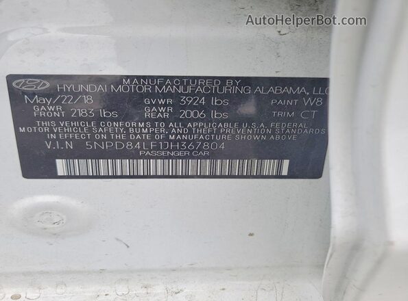 5NPD84LF1JH367804 2018 HYUNDAI ELANTRA White Vista de la etiqueta del VIN