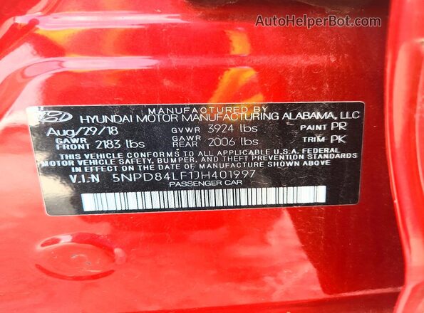 5NPD84LF1JH401997 2018 HYUNDAI ELANTRA Red Շարժիչի բաժամունքի տեսք
