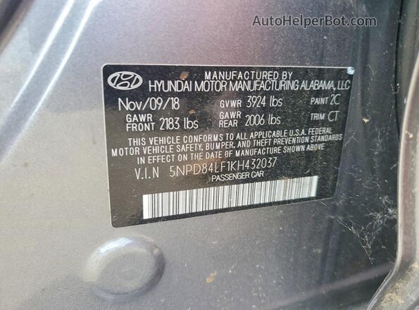 5NPD84LF1KH432037 2019 HYUNDAI ELANTRA Серый Вид подкапотного пространства