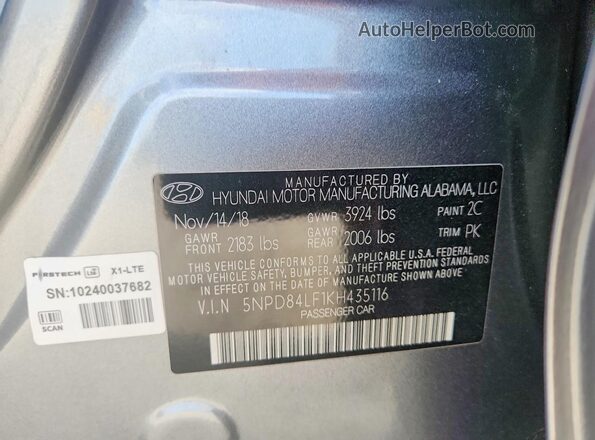 5NPD84LF1KH435116 2019 HYUNDAI ELANTRA Серый Вид подкапотного пространства