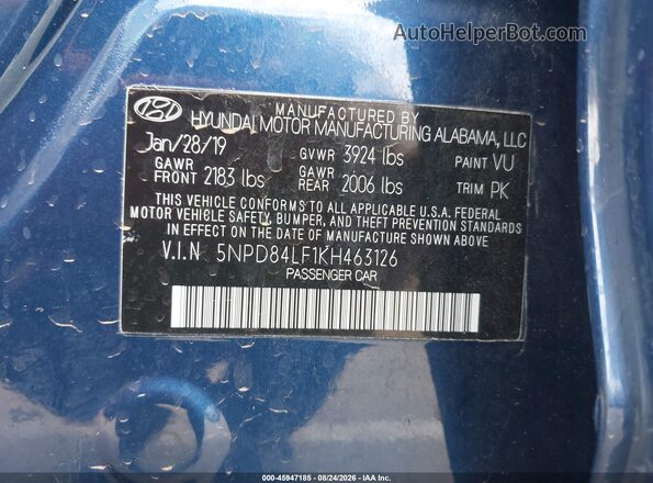 5NPD84LF1KH463126 2019 HYUNDAI ELANTRA Blue ძრავის განყოფილების ხედი