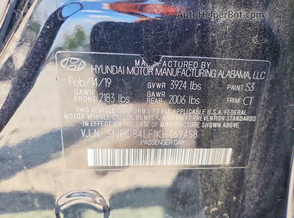 5NPD84LF1KH469458 2019 HYUNDAI ELANTRA Black ძრავის განყოფილების ხედი