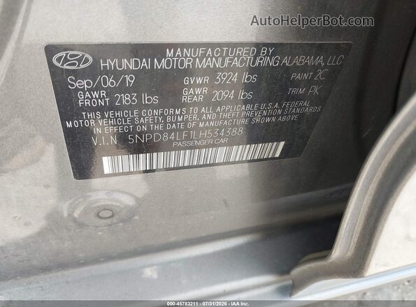 5NPD84LF1LH534388 2020 HYUNDAI ELANTRA Gray Вид підкапотного простору