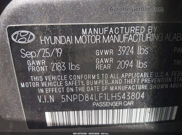 5NPD84LF1LH543804 2020 HYUNDAI ELANTRA Серый Вид подкапотного пространства