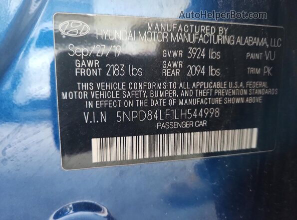 5NPD84LF1LH544998 2020 HYUNDAI ELANTRA Синий Вид наклейки с VIN-кодом