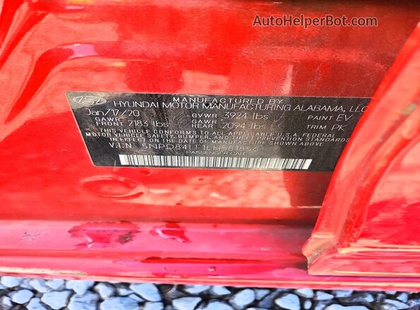 5NPD84LF1LH581856 2020 HYUNDAI ELANTRA Red Vista de la etiqueta del VIN