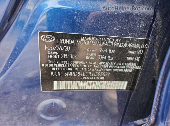 5NPD84LF1LH593022 2020 HYUNDAI ELANTRA Blue Widok komory silnika
