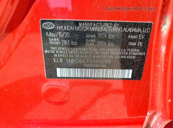 5NPD84LF1LH600101 2020 HYUNDAI ELANTRA Red Vista de la etiqueta del VIN