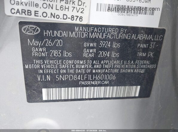 5NPD84LF1LH601006 2020 HYUNDAI ELANTRA Silver Շարժիչի բաժամունքի տեսք