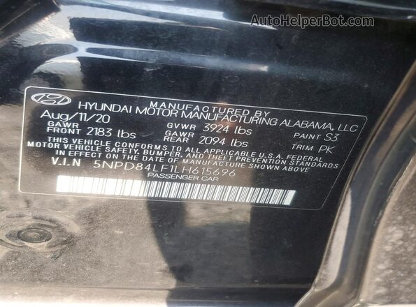 5NPD84LF1LH615696 2020 HYUNDAI ELANTRA Black Vista de la etiqueta del VIN