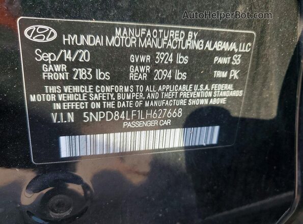 5NPD84LF1LH627668 2020 HYUNDAI ELANTRA Black Vista del compartimento del motor