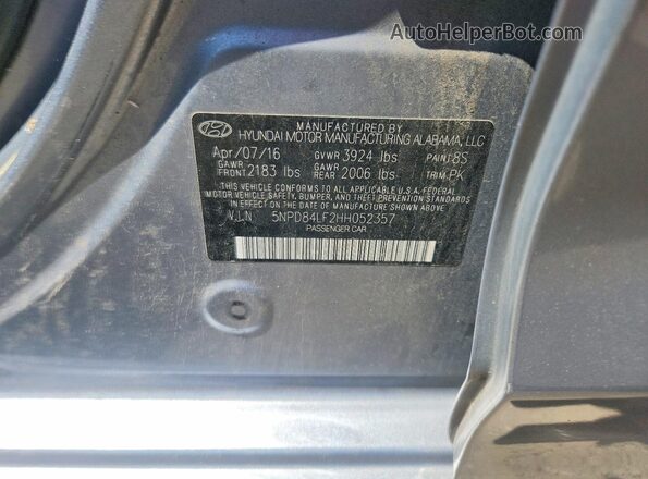 5NPD84LF2HH052357 2017 HYUNDAI ELANTRA Silver Vista de la etiqueta del VIN