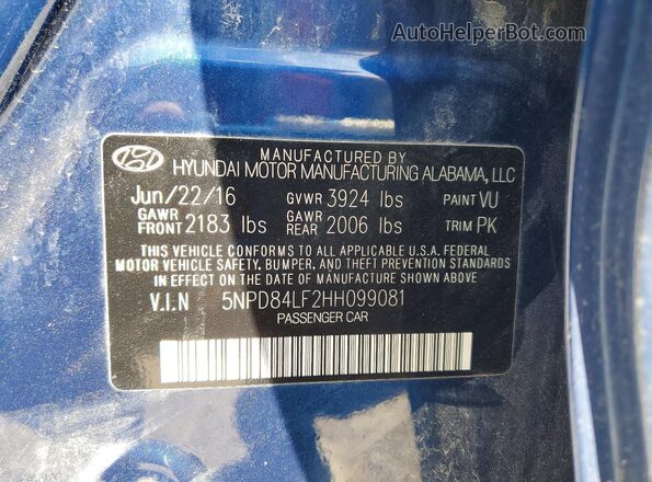 5NPD84LF2HH099081 2017 HYUNDAI ELANTRA Blue ძრავის განყოფილების ხედი