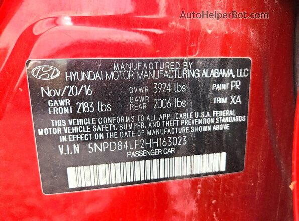 5NPD84LF2HH163023 2017 HYUNDAI ELANTRA Red Շարժիչի բաժամունքի տեսք