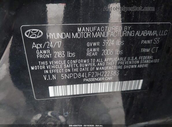 5NPD84LF2JH222383 2018 HYUNDAI ELANTRA Black Вид підкапотного простору
