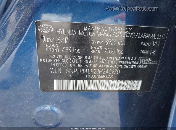 5NPD84LF2JH240270 2018 HYUNDAI ELANTRA Синий Вид подкапотного пространства