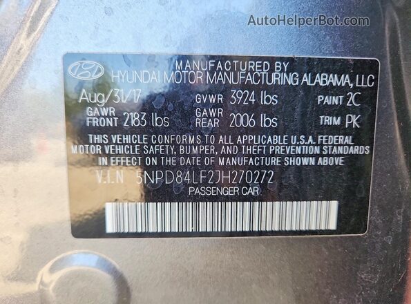 5NPD84LF2JH270272 2018 HYUNDAI ELANTRA Charcoal Engine compartment view