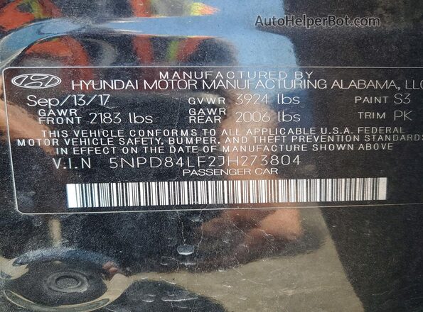 5NPD84LF2JH273804 2018 HYUNDAI ELANTRA Black Widok naklejki z numerem VIN