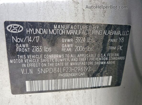 5NPD84LF2JH296192 2018 HYUNDAI ELANTRA Silver Vista de la etiqueta del VIN