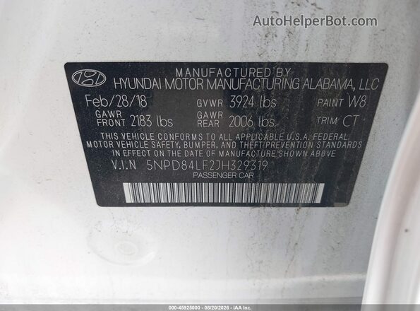 5NPD84LF2JH329319 2018 HYUNDAI ELANTRA White Engine compartment view
