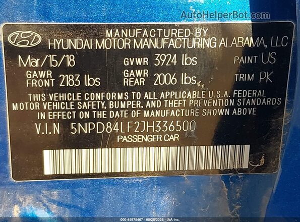 5NPD84LF2JH336500 2018 HYUNDAI ELANTRA Синий Вид подкапотного пространства