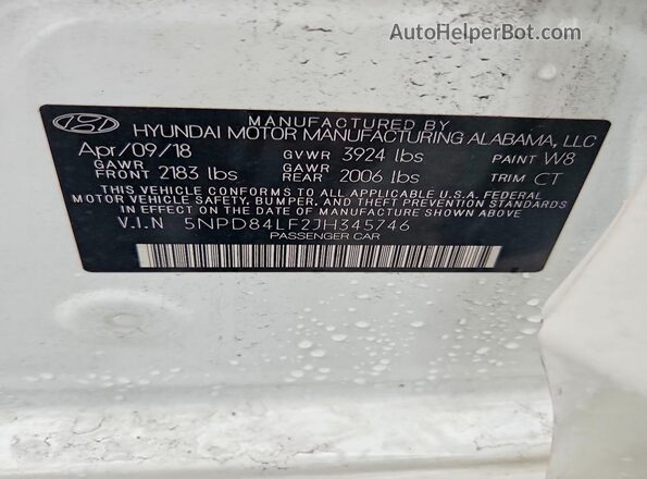 5NPD84LF2JH345746 2018 HYUNDAI ELANTRA White Вид наклейки з VIN-кодом