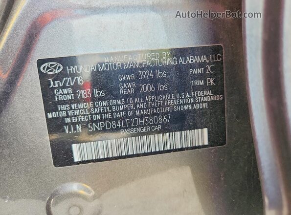 5NPD84LF2JH380867 2018 HYUNDAI ELANTRA Серый Вид наклейки с VIN-кодом