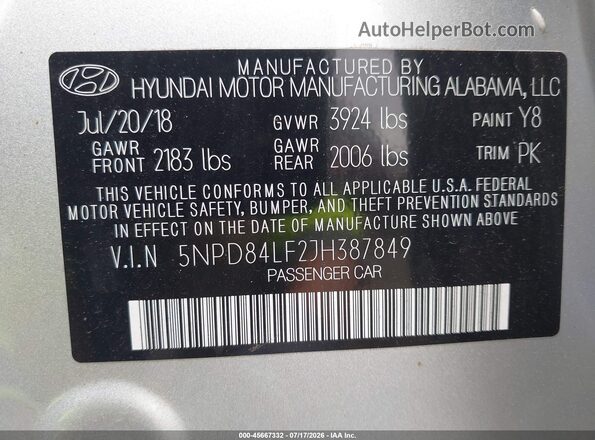 5NPD84LF2JH387849 2018 HYUNDAI ELANTRA Silver Engine compartment view