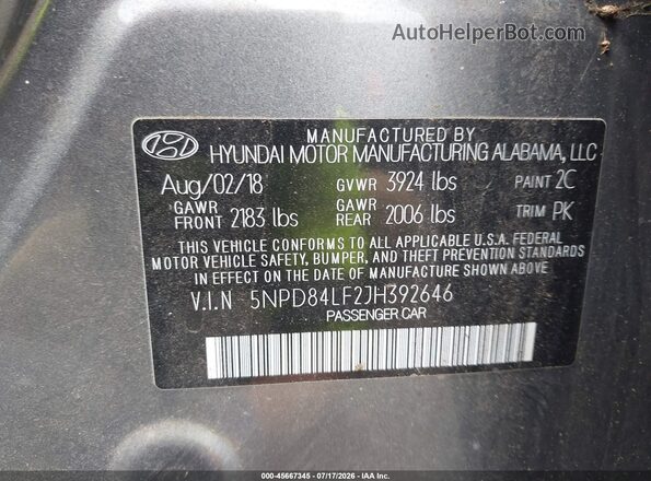 5NPD84LF2JH392646 2018 HYUNDAI ELANTRA Gray Engine compartment view