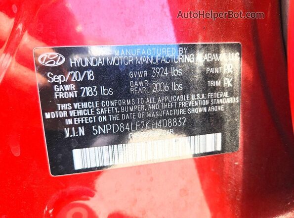 5NPD84LF2KH408832 2019 HYUNDAI ELANTRA Red Vista del compartimento del motor