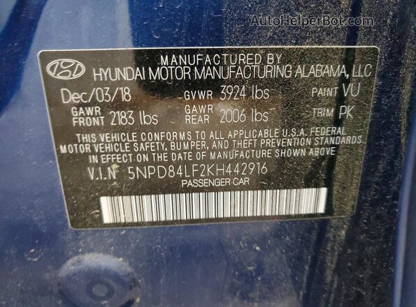 5NPD84LF2KH442916 2019 HYUNDAI ELANTRA Blue Engine compartment view