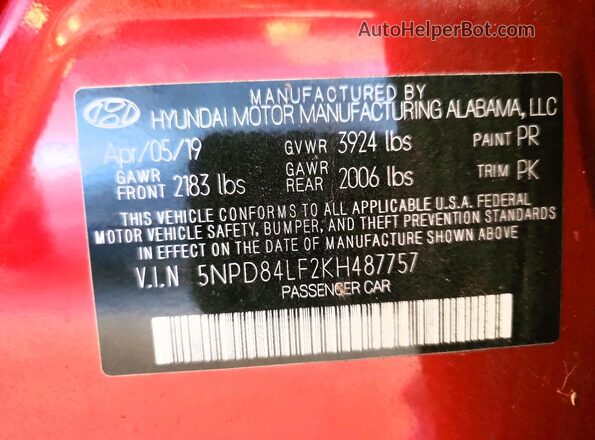 5NPD84LF2KH487757 2019 HYUNDAI ELANTRA Red ძრავის განყოფილების ხედი